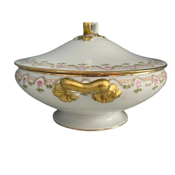 Vintage Wm. Guerin & Co. France Limoges Pink Rose Covered Round Serving Bowl - Picture 13 of 16